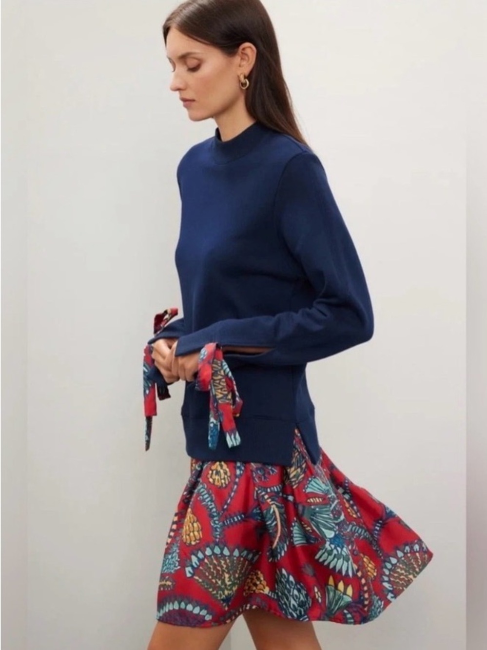 La DoubleJ Sporty Dress Navy Cotton Drop Waist Red Bow Ruffle Mini sweater Large